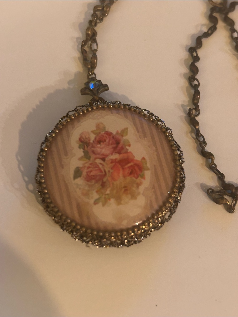 Vintage Michal Negrin Antique Bronze Tone Round Locket with Roses, Vine Chain